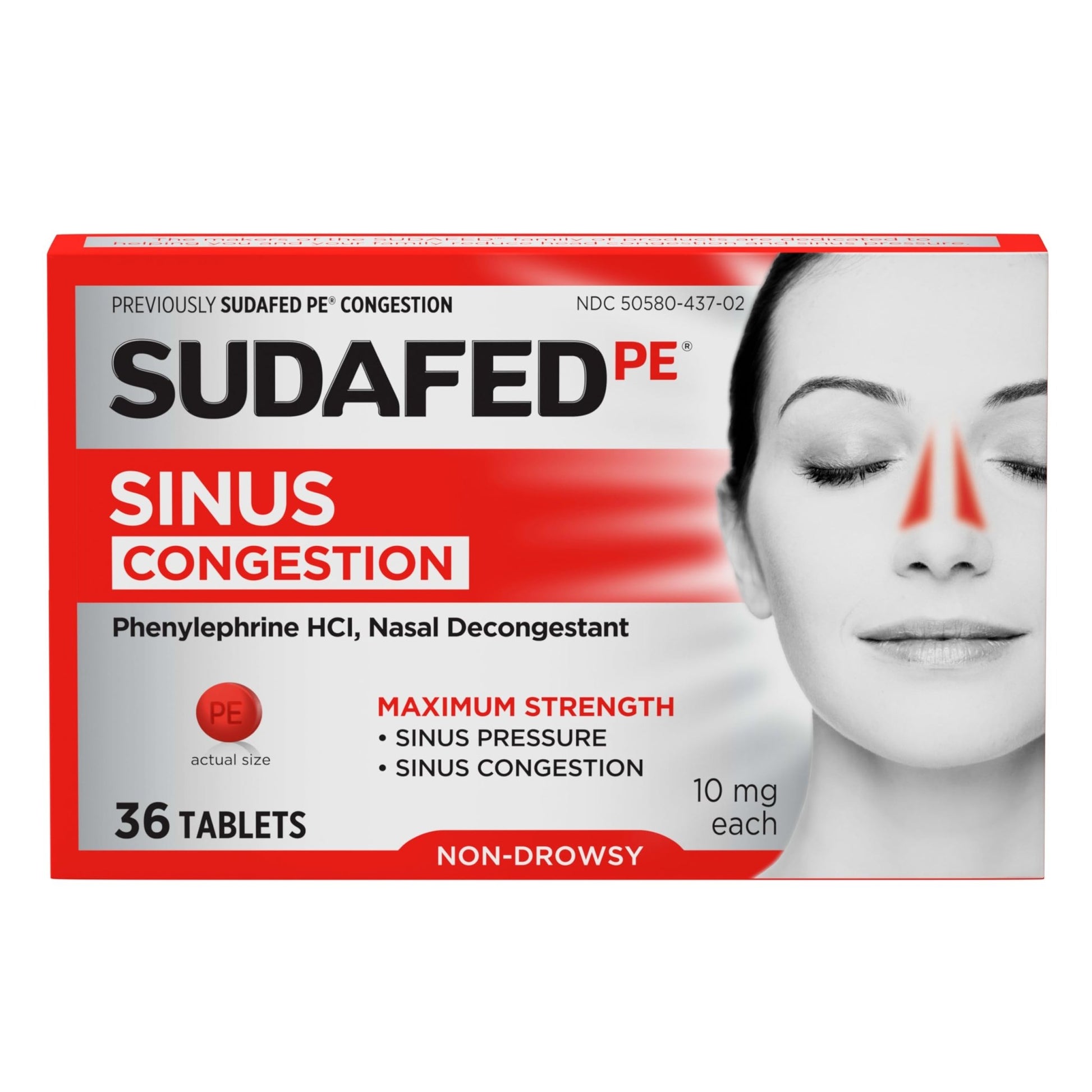 Sudafed PE Sinus Congestion Relief Tablets, Maximum Strength, Non-Drowsy 10 mg Phenylephrine HCI Decongestant for Sinus Pressure & Nasal Congestion Relief, Due to Cold or Allergies, 36 ct - dailyvitalstore
