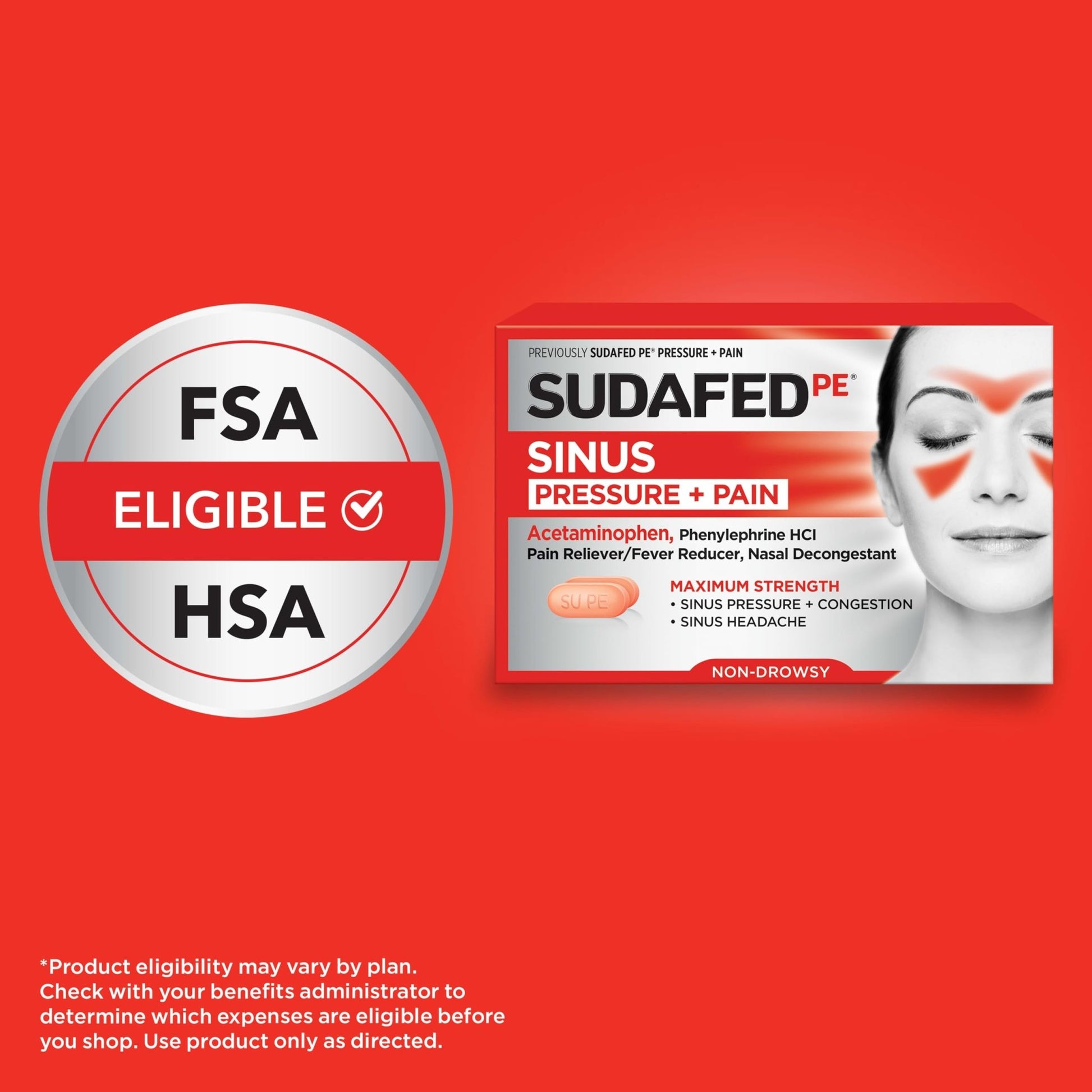 Sudafed PE Sinus Pressure + Pain Relief Tablets, Maximum Strength, Non-Drowsy, OTC Sinus Relief Medicine with Acetaminophen Pain Reliever & Phenylephrine HCl Nasal Decongestant, 24 ct - dailyvitalstore