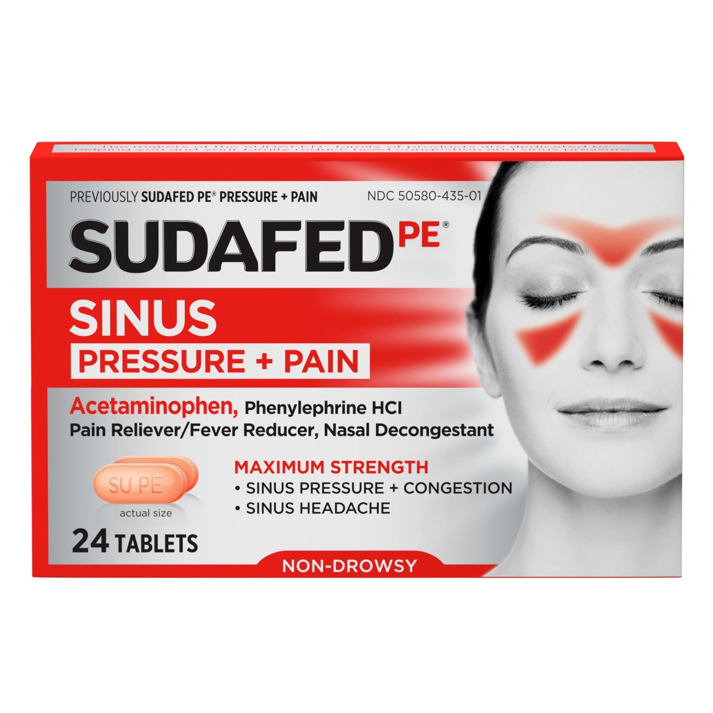Sudafed PE Sinus Pressure + Pain Relief Tablets, Maximum Strength, Non-Drowsy, OTC Sinus Relief Medicine with Acetaminophen Pain Reliever & Phenylephrine HCl Nasal Decongestant, 24 ct - dailyvitalstore