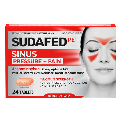 Sudafed PE Sinus Pressure + Pain Relief Tablets, Maximum Strength, Non-Drowsy, OTC Sinus Relief Medicine with Acetaminophen Pain Reliever & Phenylephrine HCl Nasal Decongestant, 24 ct - dailyvitalstore