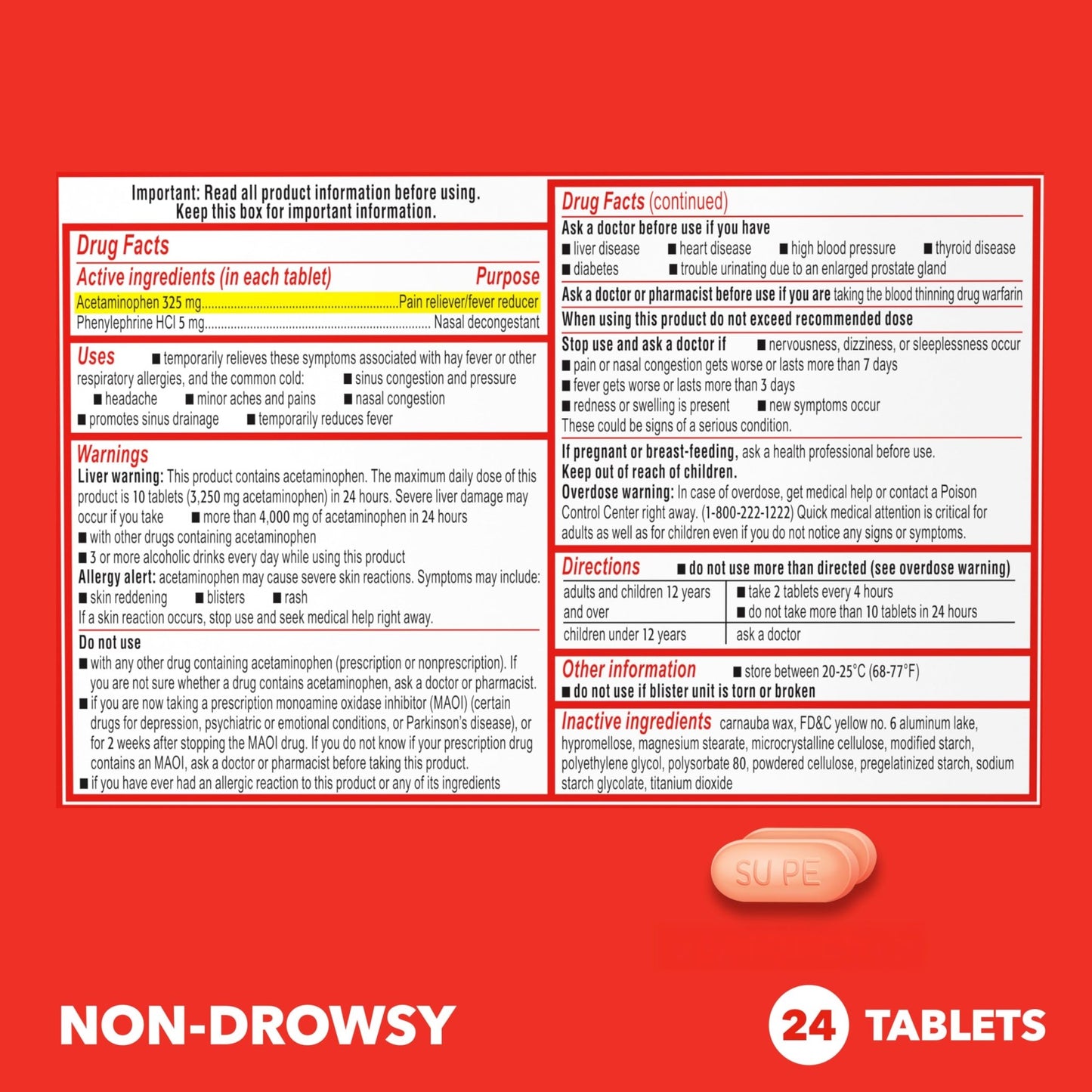 Sudafed PE Sinus Pressure + Pain Relief Tablets, Maximum Strength, Non-Drowsy, OTC Sinus Relief Medicine with Acetaminophen Pain Reliever & Phenylephrine HCl Nasal Decongestant, 24 ct - dailyvitalstore