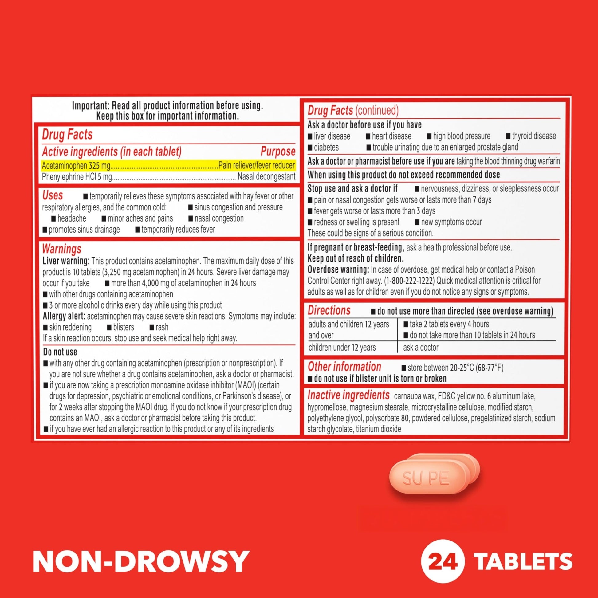 Sudafed PE Sinus Pressure + Pain Relief Tablets, Maximum Strength, Non-Drowsy, OTC Sinus Relief Medicine with Acetaminophen Pain Reliever & Phenylephrine HCl Nasal Decongestant, 24 ct - dailyvitalstore