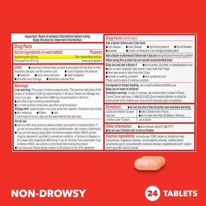 Sudafed PE Sinus Pressure + Pain Relief Tablets, Maximum Strength, Non-Drowsy, OTC Sinus Relief Medicine with Acetaminophen Pain Reliever & Phenylephrine HCl Nasal Decongestant, 24 ct - dailyvitalstore