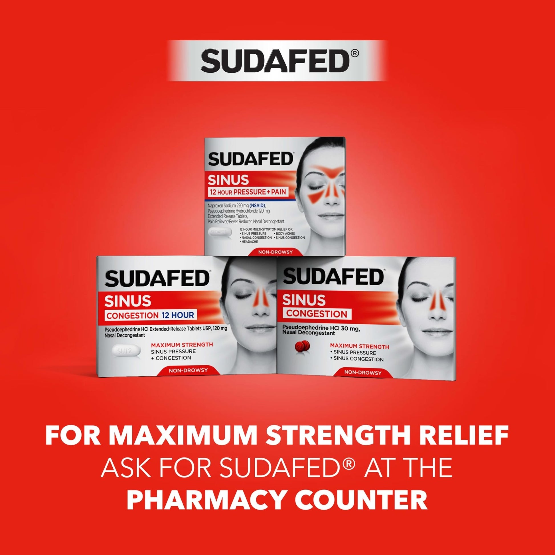 Sudafed PE Sinus Pressure + Pain Relief Tablets, Maximum Strength, Non-Drowsy, OTC Sinus Relief Medicine with Acetaminophen Pain Reliever & Phenylephrine HCl Nasal Decongestant, 24 ct - dailyvitalstore