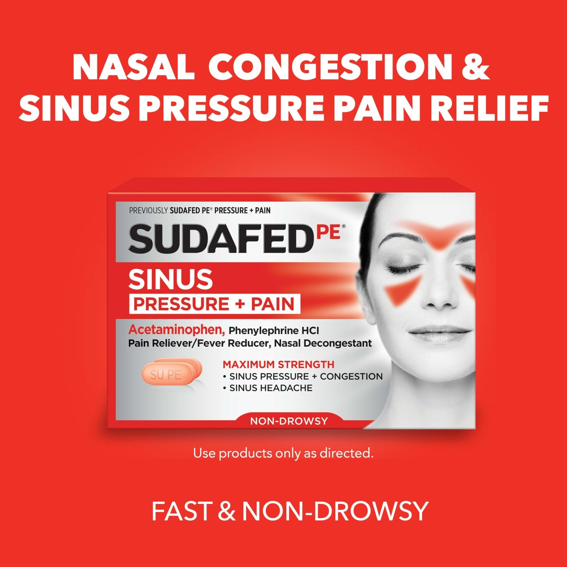Sudafed PE Sinus Pressure + Pain Relief Tablets, Maximum Strength, Non-Drowsy, OTC Sinus Relief Medicine with Acetaminophen Pain Reliever & Phenylephrine HCl Nasal Decongestant, 24 ct - dailyvitalstore