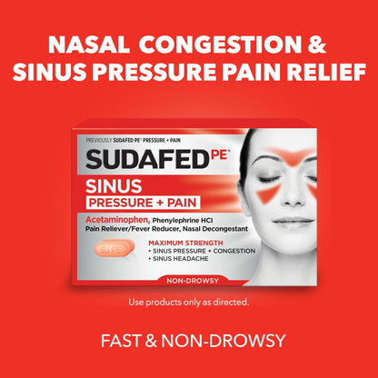 Sudafed PE Sinus Pressure + Pain Relief Tablets, Maximum Strength, Non-Drowsy, OTC Sinus Relief Medicine with Acetaminophen Pain Reliever & Phenylephrine HCl Nasal Decongestant, 24 ct - dailyvitalstore