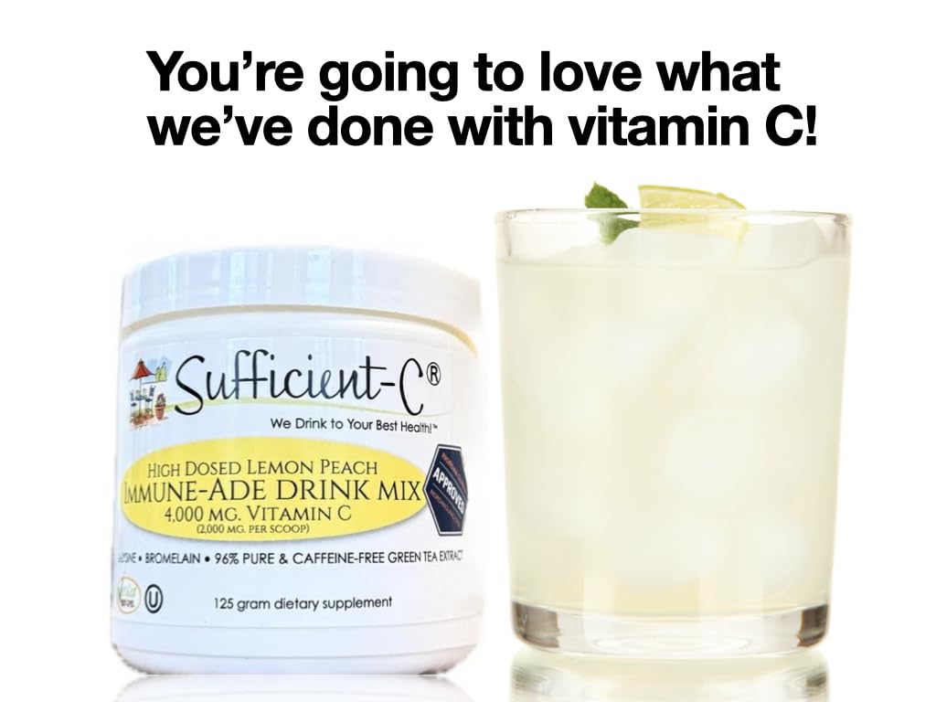 Sufficient-C High Dose Non-GMO Vitamin C Lemon Peach Immune-Ade Drink Mix, Convenient 125 Gram Size w/L-lysine, Bromelain & a Premium 96% Pure Green Tea Extract - dailyvitalstore