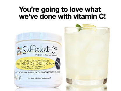 Sufficient-C High Dose Non-GMO Vitamin C Lemon Peach Immune-Ade Drink Mix, Convenient 125 Gram Size w/L-lysine, Bromelain & a Premium 96% Pure Green Tea Extract - dailyvitalstore