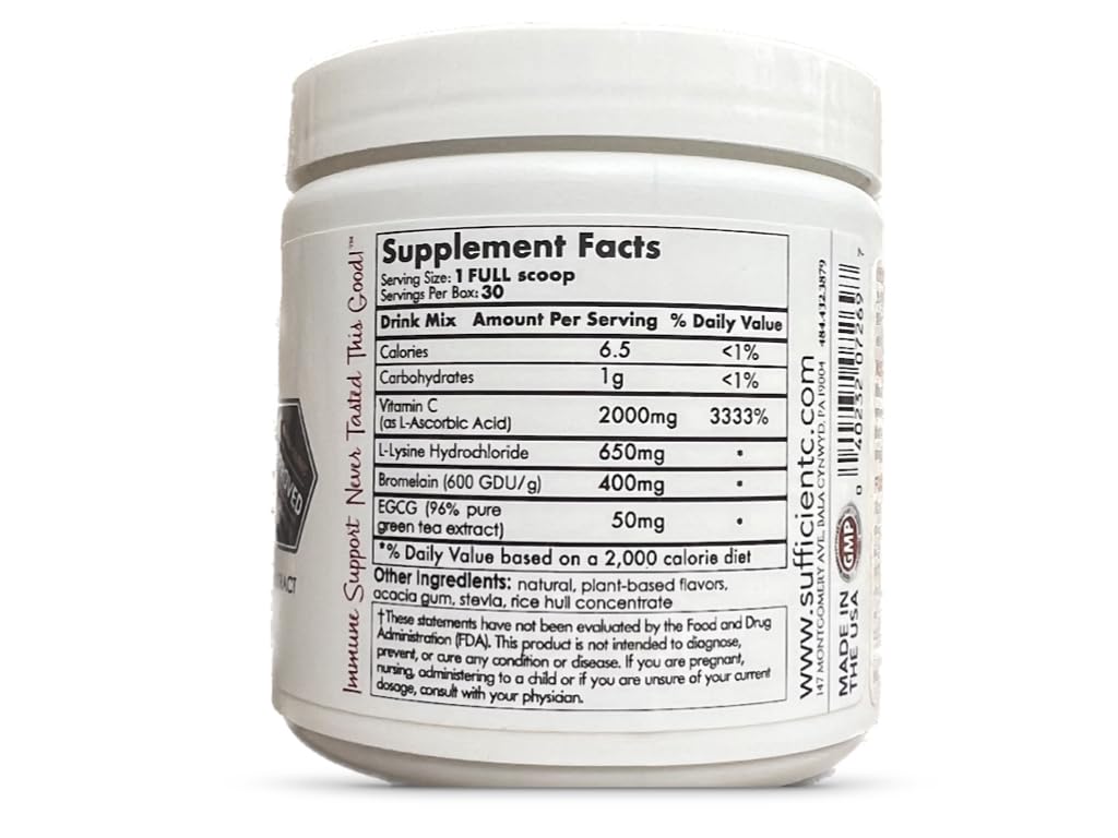 Sufficient-C High Dose Non-GMO Vitamin C Lemon Peach Immune-Ade Drink Mix, Convenient 125 Gram Size w/L-lysine, Bromelain & a Premium 96% Pure Green Tea Extract - dailyvitalstore