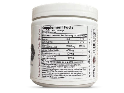 Sufficient-C High Dose Non-GMO Vitamin C Lemon Peach Immune-Ade Drink Mix, Convenient 125 Gram Size w/L-lysine, Bromelain & a Premium 96% Pure Green Tea Extract - dailyvitalstore