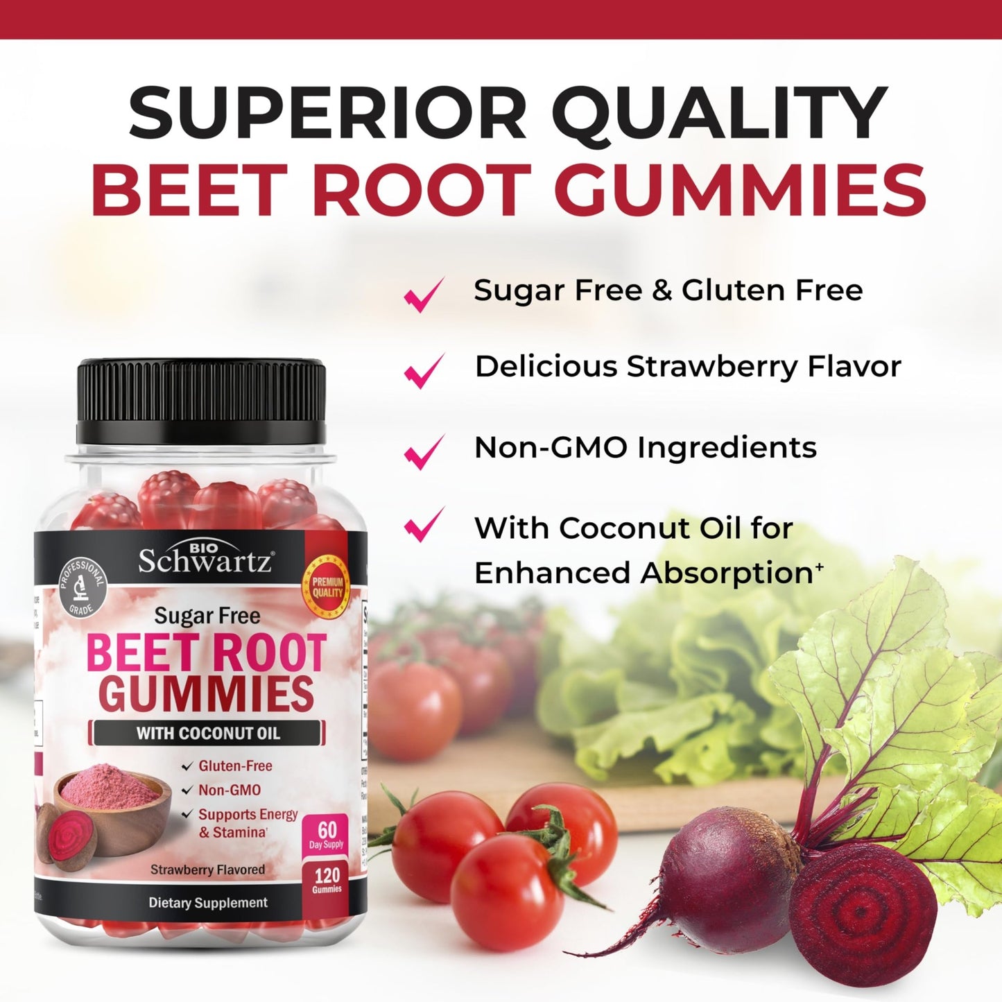 Sugar Free Beet Root Gummies - Nitric Oxide Gummies Infused with Coconut Oil for Highest Absorption - Supports Energy & Whole Body Health - dailyvitalstore