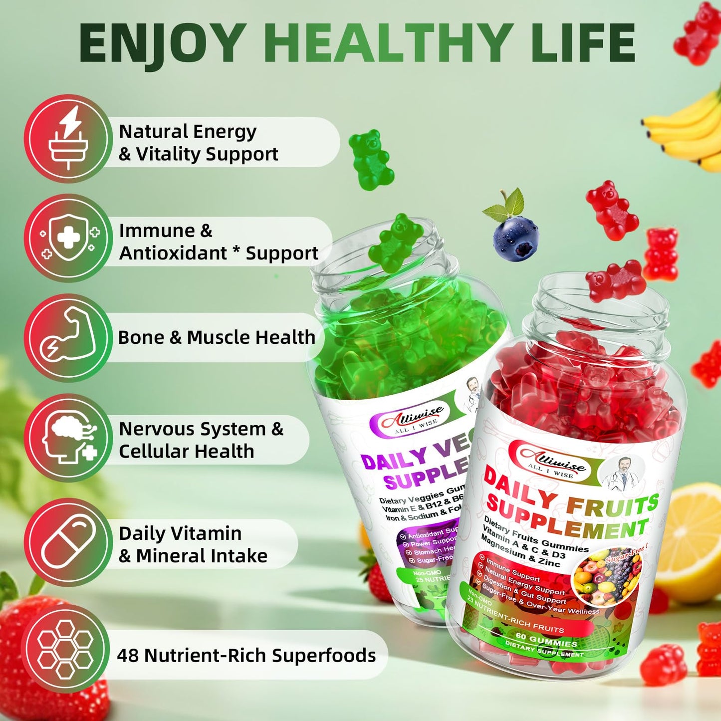 Sugar-Free Fruits & Veggies Gummies, Super Greens with 23 Fruits & 25 Veggies, Multivitamin Minerals & Fiber, Vegan Fruit & Vegetable Supplement for Adults, 120 Gummies, 2 Month Supply - dailyvitalstore