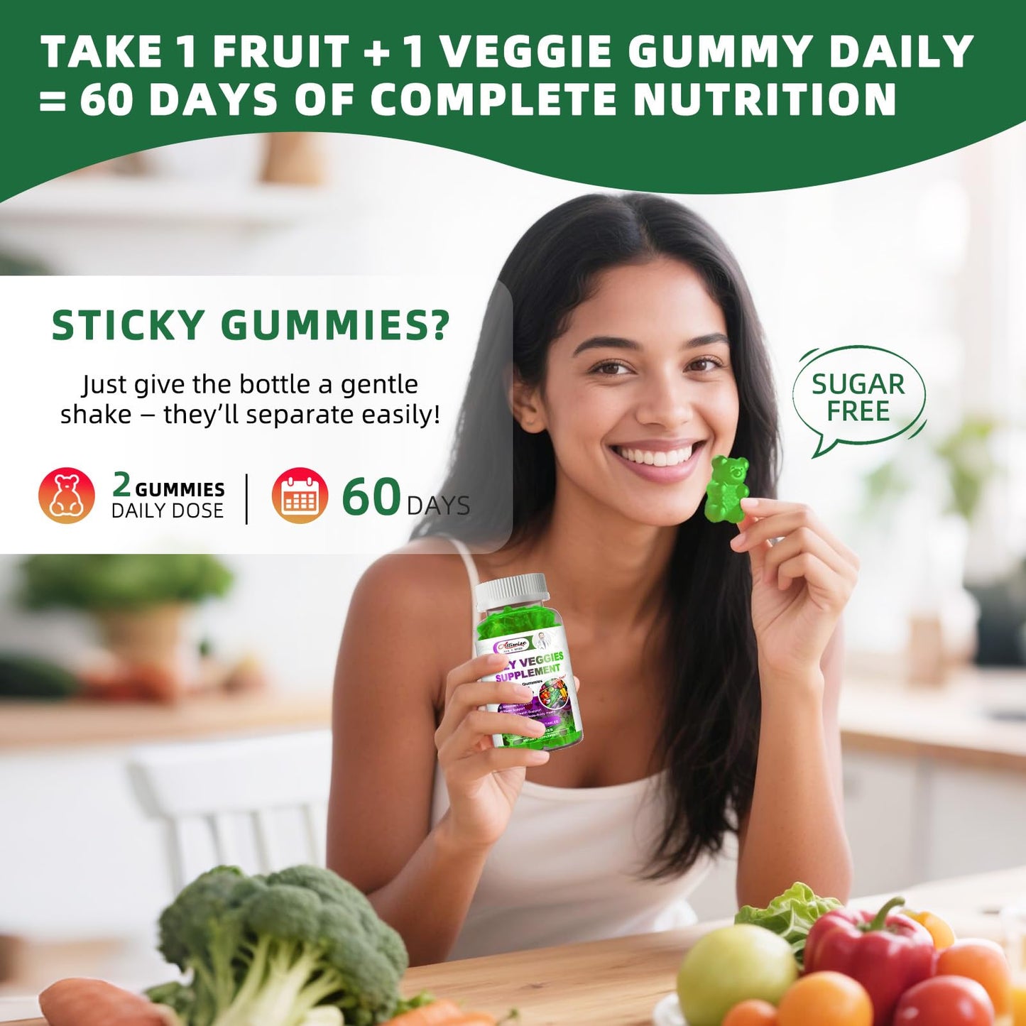 Sugar-Free Fruits & Veggies Gummies, Super Greens with 23 Fruits & 25 Veggies, Multivitamin Minerals & Fiber, Vegan Fruit & Vegetable Supplement for Adults, 120 Gummies, 2 Month Supply - dailyvitalstore