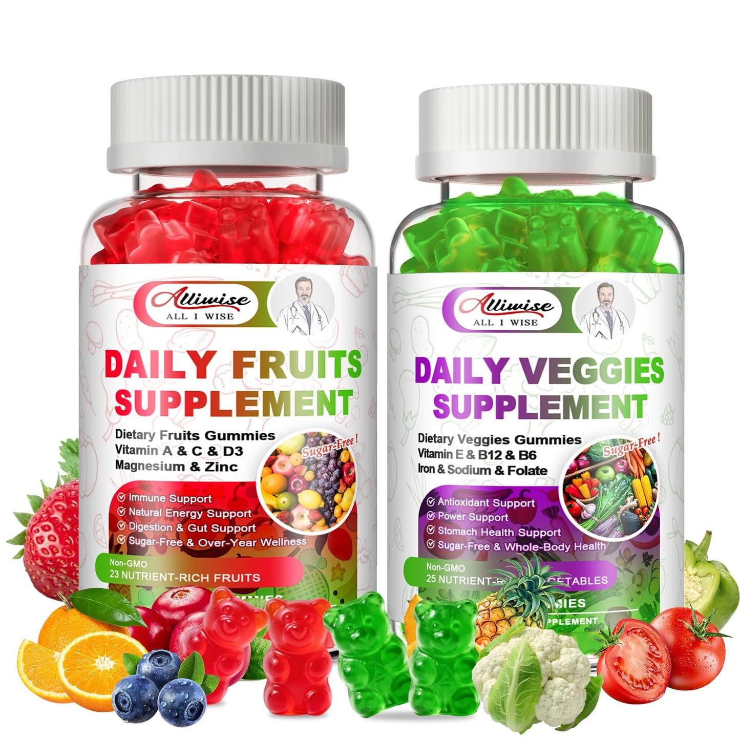 Sugar-Free Fruits & Veggies Gummies, Super Greens with 23 Fruits & 25 Veggies, Multivitamin Minerals & Fiber, Vegan Fruit & Vegetable Supplement for Adults, 120 Gummies, 2 Month Supply - dailyvitalstore