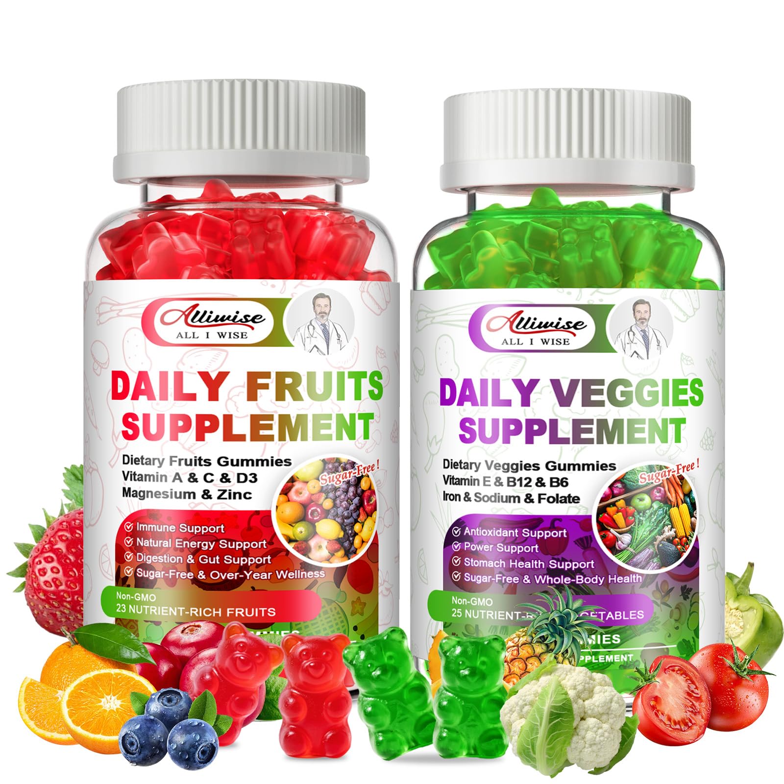 Sugar-Free Fruits & Veggies Gummies, Super Greens with 23 Fruits & 25 Veggies, Multivitamin Minerals & Fiber, Vegan Fruit & Vegetable Supplement for Adults, 120 Gummies, 2 Month Supply - dailyvitalstore