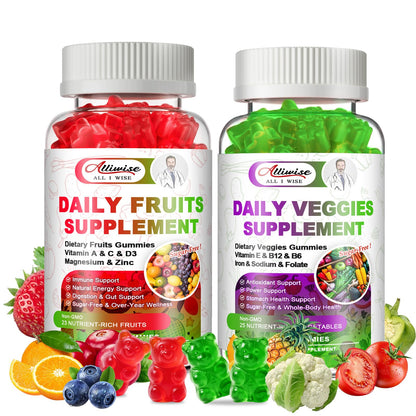 Sugar-Free Fruits & Veggies Gummies, Super Greens with 23 Fruits & 25 Veggies, Multivitamin Minerals & Fiber, Vegan Fruit & Vegetable Supplement for Adults, 120 Gummies, 2 Month Supply - dailyvitalstore
