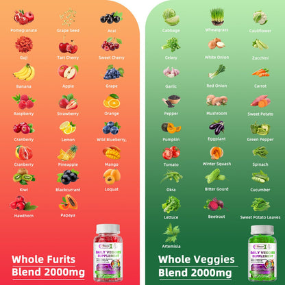 Sugar-Free Fruits & Veggies Gummies, Super Greens with 23 Fruits & 25 Veggies, Multivitamin Minerals & Fiber, Vegan Fruit & Vegetable Supplement for Adults, 120 Gummies, 2 Month Supply - dailyvitalstore
