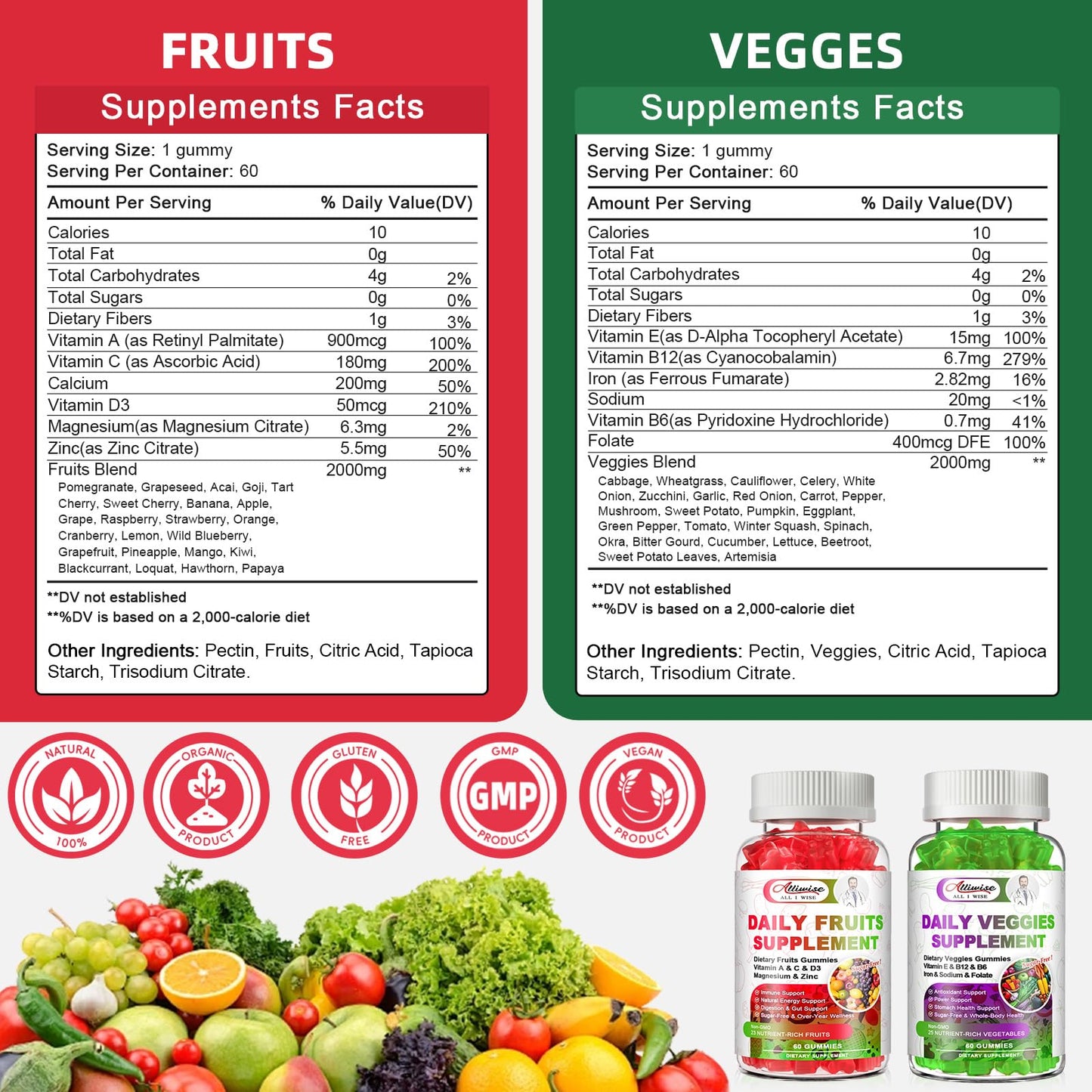 Sugar-Free Fruits & Veggies Gummies, Super Greens with 23 Fruits & 25 Veggies, Multivitamin Minerals & Fiber, Vegan Fruit & Vegetable Supplement for Adults, 120 Gummies, 2 Month Supply - dailyvitalstore