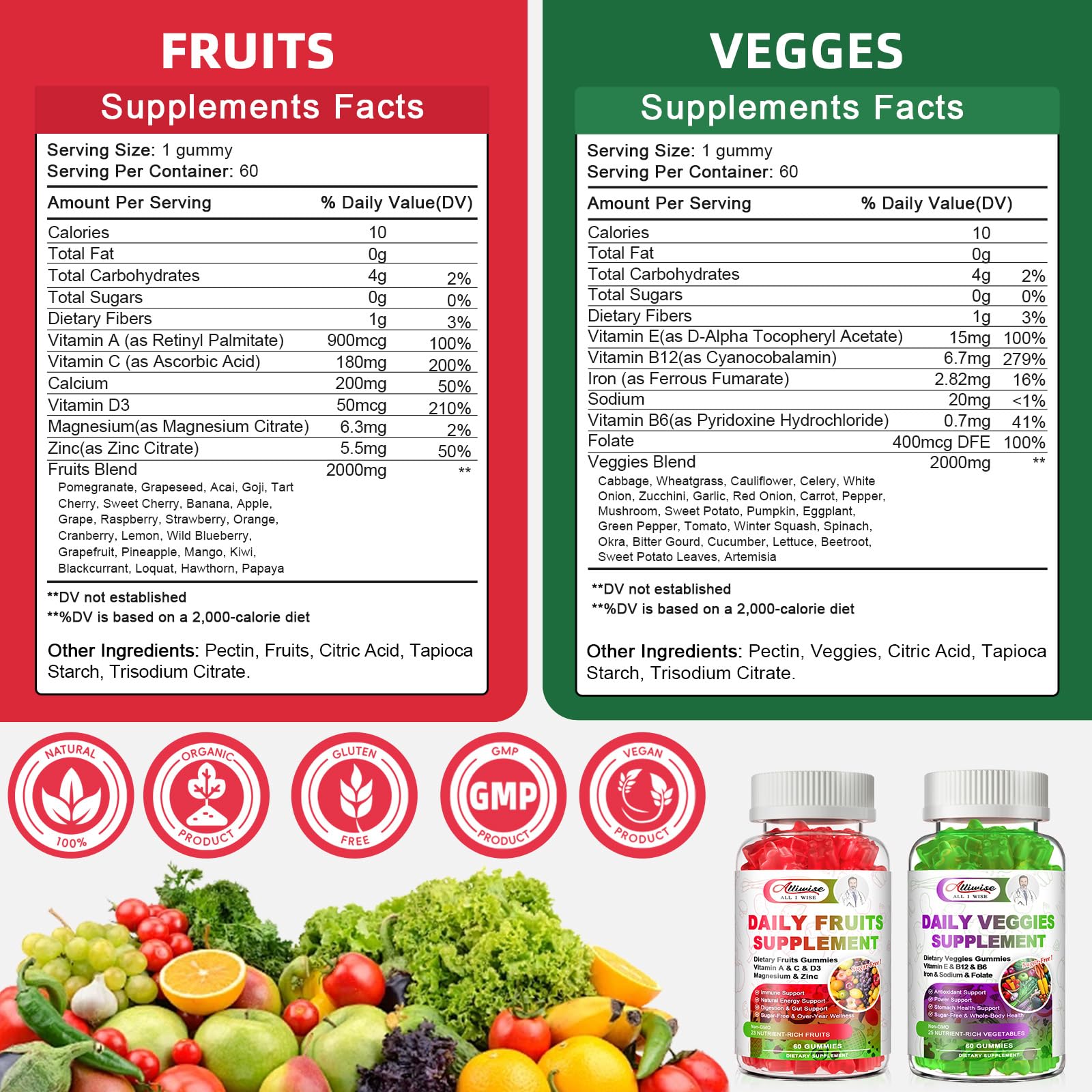 Sugar-Free Fruits & Veggies Gummies, Super Greens with 23 Fruits & 25 Veggies, Multivitamin Minerals & Fiber, Vegan Fruit & Vegetable Supplement for Adults, 120 Gummies, 2 Month Supply - dailyvitalstore