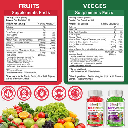 Sugar-Free Fruits & Veggies Gummies, Super Greens with 23 Fruits & 25 Veggies, Multivitamin Minerals & Fiber, Vegan Fruit & Vegetable Supplement for Adults, 120 Gummies, 2 Month Supply - dailyvitalstore
