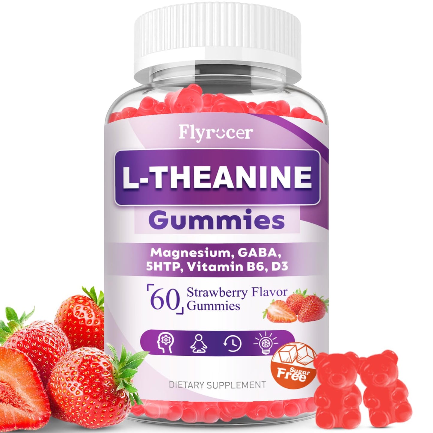 Sugar Free L-Theanine Gummies, L Theanine Supplement for Adults & Kids, L'Theanine with Ashwagandha, Magnesium, 5HTP & GABA - Support Calm, Relax, zzZ, Focus, Vegan Strawberry Flavor, 60 Count - dailyvitalstore