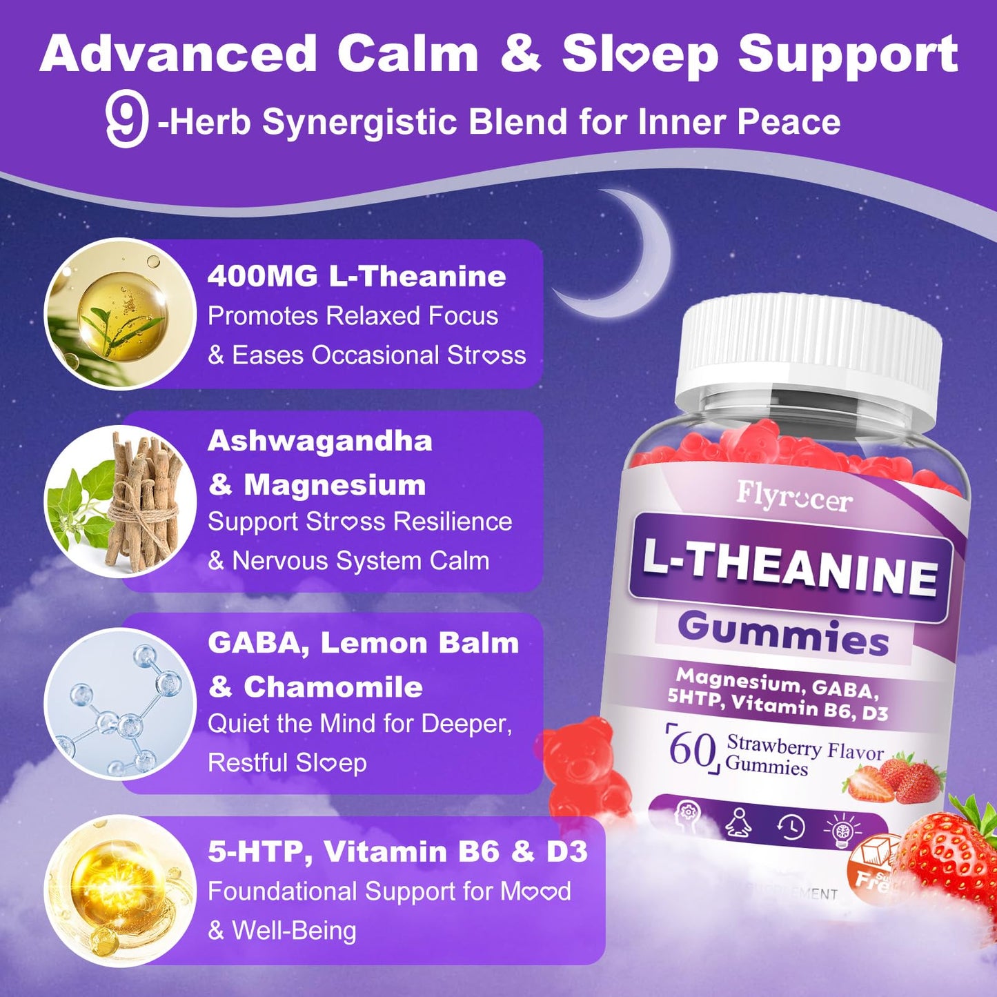 Sugar Free L-Theanine Gummies, L Theanine Supplement for Adults & Kids, L'Theanine with Ashwagandha, Magnesium, 5HTP & GABA - Support Calm, Relax, zzZ, Focus, Vegan Strawberry Flavor, 60 Count - dailyvitalstore