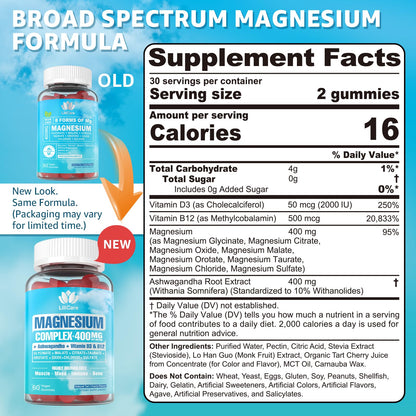 Sugar Free Magnesium Complex for Women, Calm Magnesium Gummies for Adults 400mg, Magnesium Glycinate, Citrate, Malate & More- Magnesium Gummy with Magnesium Ashwagandha, D3, B12 for Relax, Calm, Vegan - dailyvitalstore