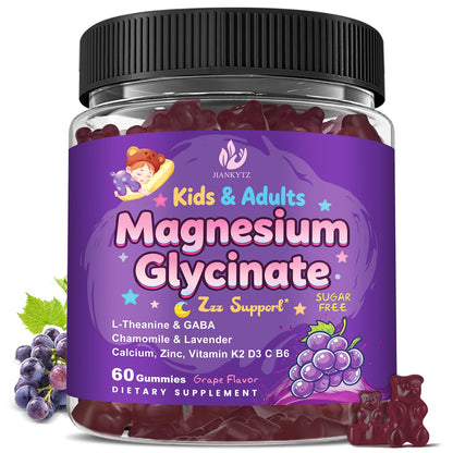 Sugar Free Magnesium Glycinate Gummies for Kids & Adults - Zzz Support, Relaxation & Cognition Support, 200/400mg Magnesium Gummies with L-Theanine, GABA, Calcium, B6, D3, C & K2, Grape Flavor, 60 Ct - dailyvitalstore