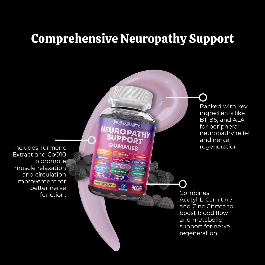 Sugar Free Neuropathy Support Gummies for Nerve – Enhanced Nerve Health, Regeneration, Cognitive Support with Vitamin B1, B6, B12, Magnesium, ALA, Turmeric, CoQ10 & More - dailyvitalstore