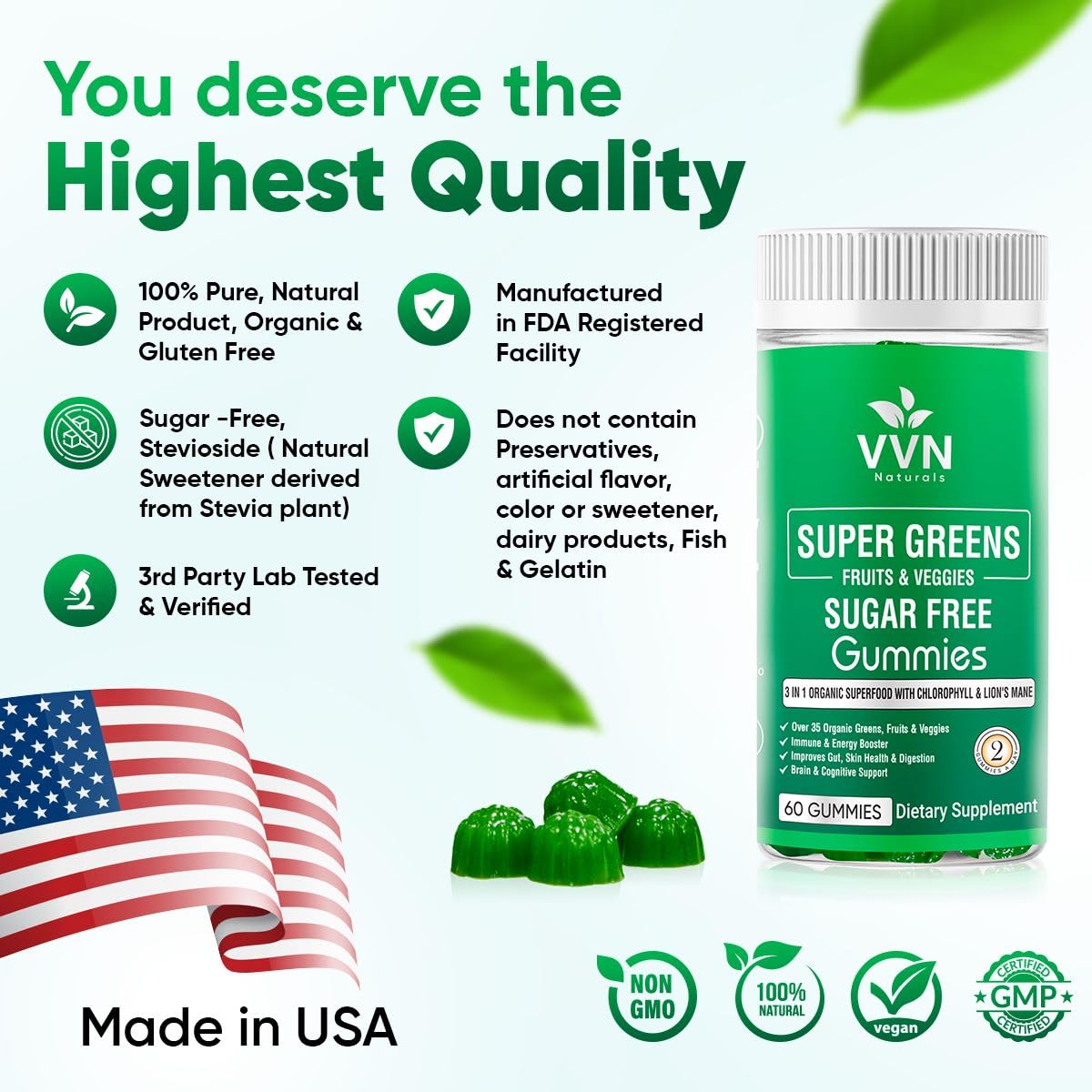 Sugar-Free Real Organic Fruits, Super Greens and Veggies Gummies | 35+ Nutritious & Healthy Greens, Fruits, and Vegetables for Improved Immunity, Skin Health & Energy Boost|60 Vegan Gummies - dailyvitalstore