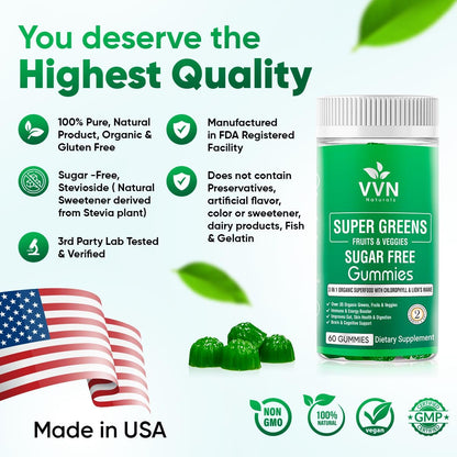 Sugar-Free Real Organic Fruits, Super Greens and Veggies Gummies | 35+ Nutritious & Healthy Greens, Fruits, and Vegetables for Improved Immunity, Skin Health & Energy Boost|60 Vegan Gummies - dailyvitalstore