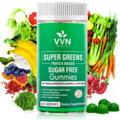 Sugar-Free Real Organic Fruits, Super Greens and Veggies Gummies | 35+ Nutritious & Healthy Greens, Fruits, and Vegetables for Improved Immunity, Skin Health & Energy Boost|60 Vegan Gummies - dailyvitalstore