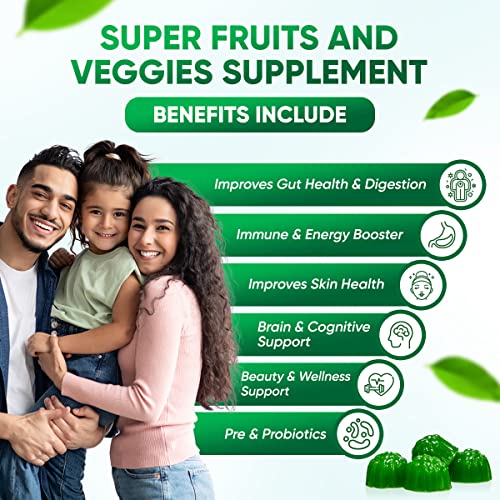 Sugar-Free Real Organic Fruits, Super Greens and Veggies Gummies | 35+ Nutritious & Healthy Greens, Fruits, and Vegetables for Improved Immunity, Skin Health & Energy Boost|60 Vegan Gummies - dailyvitalstore