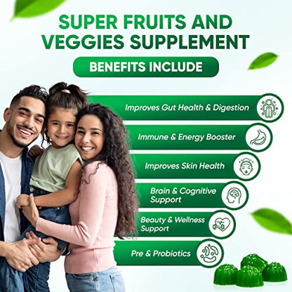 Sugar-Free Real Organic Fruits, Super Greens and Veggies Gummies | 35+ Nutritious & Healthy Greens, Fruits, and Vegetables for Improved Immunity, Skin Health & Energy Boost|60 Vegan Gummies - dailyvitalstore