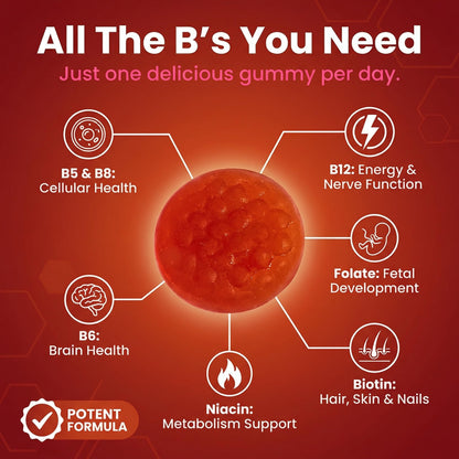 Sugar Free Vitamin B Complex Gummies - Vitamin B12, B7, B6, B3 (Niacin), B5, B8, B9 (Folate)- Third Party Tested- Prenatal, Vegan Diet, Older Adults - dailyvitalstore