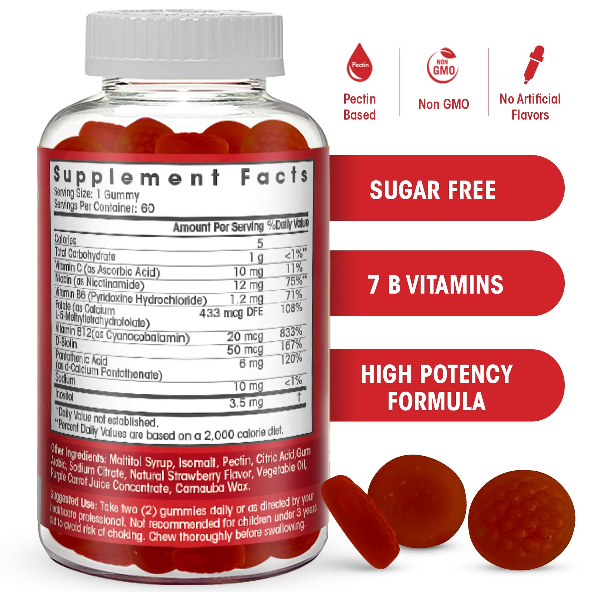 Sugar Free Vitamin B Complex Gummies - Vitamin B12, B7, B6, B3 (Niacin), B5, B8, B9 (Folate)- Third Party Tested- Prenatal, Vegan Diet, Older Adults - dailyvitalstore