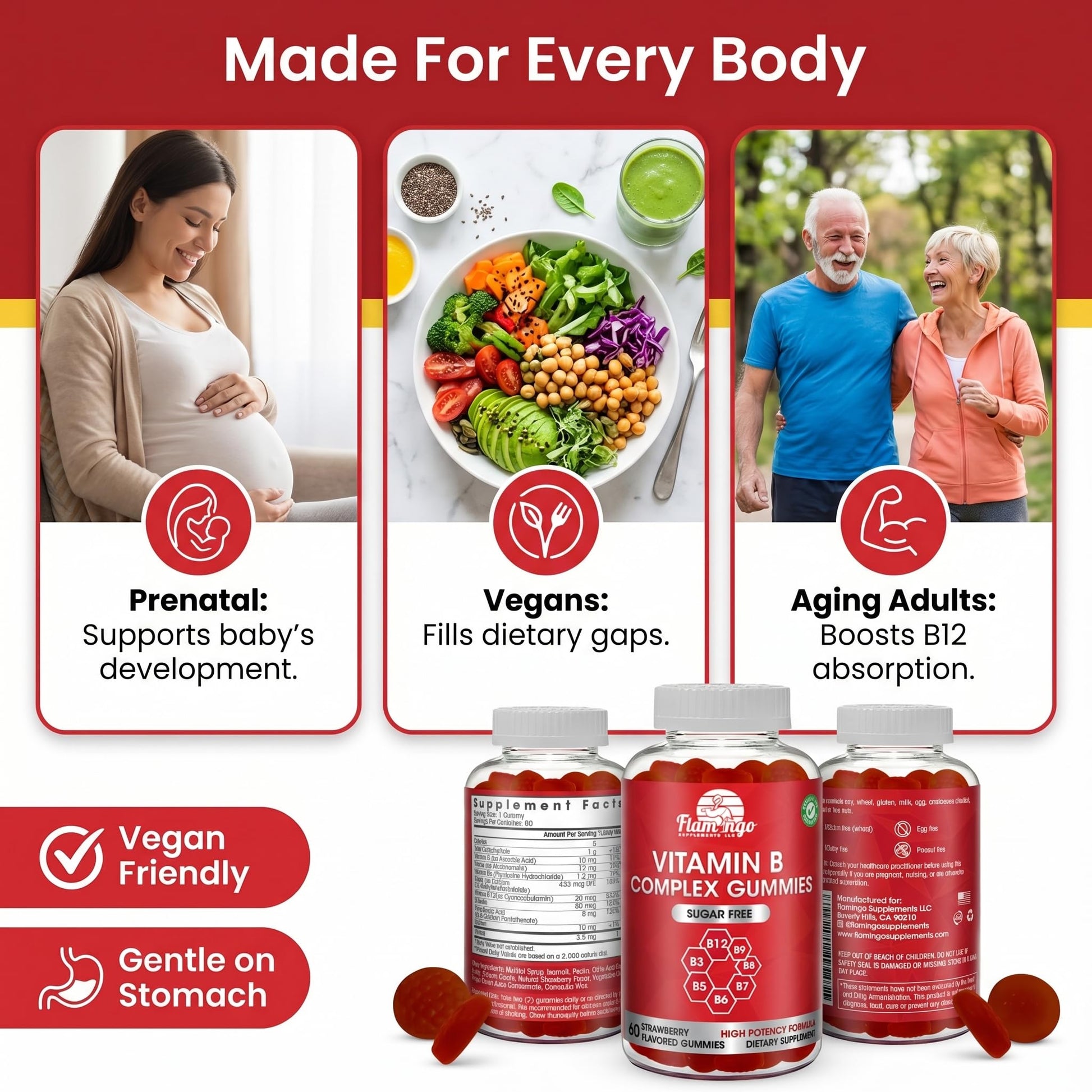 Sugar Free Vitamin B Complex Gummies - Vitamin B12, B7, B6, B3 (Niacin), B5, B8, B9 (Folate)- Third Party Tested- Prenatal, Vegan Diet, Older Adults - dailyvitalstore