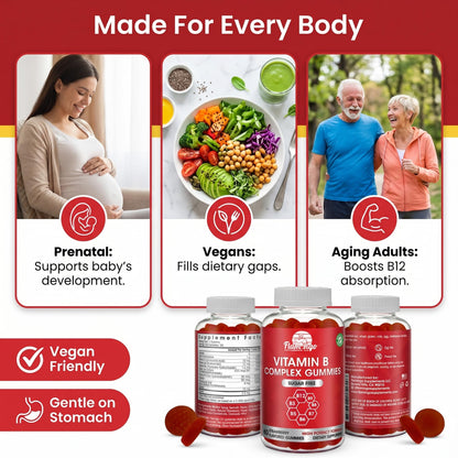 Sugar Free Vitamin B Complex Gummies - Vitamin B12, B7, B6, B3 (Niacin), B5, B8, B9 (Folate)- Third Party Tested- Prenatal, Vegan Diet, Older Adults - dailyvitalstore
