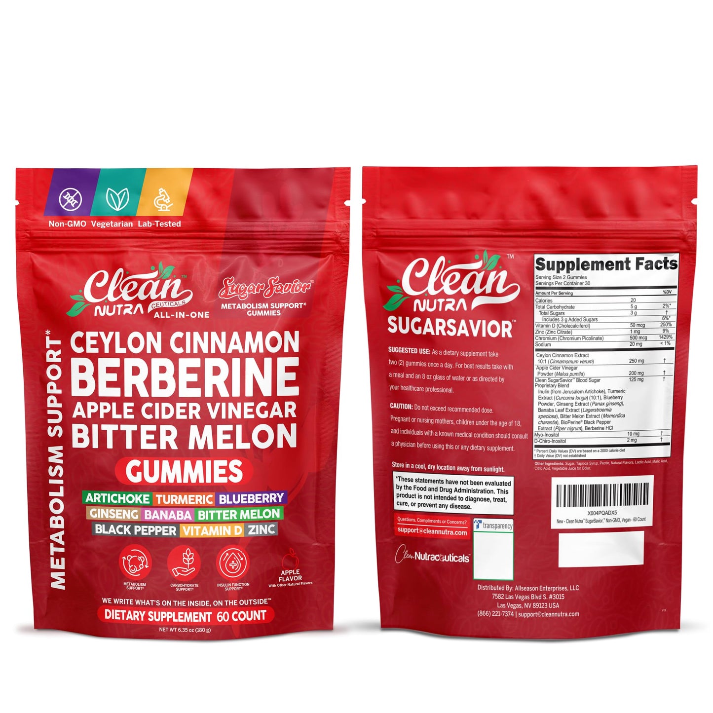 Sugar Savior Ceylon Cinnamon Berberine Gummies Apple Cider Vinegar Artichoke Turmeric Blueberry Ginseng Banaba Bitter Melon Black Pepper Vitamin D Zinc GLP1 Gummies 60 Count by Clean Nutra - dailyvitalstore