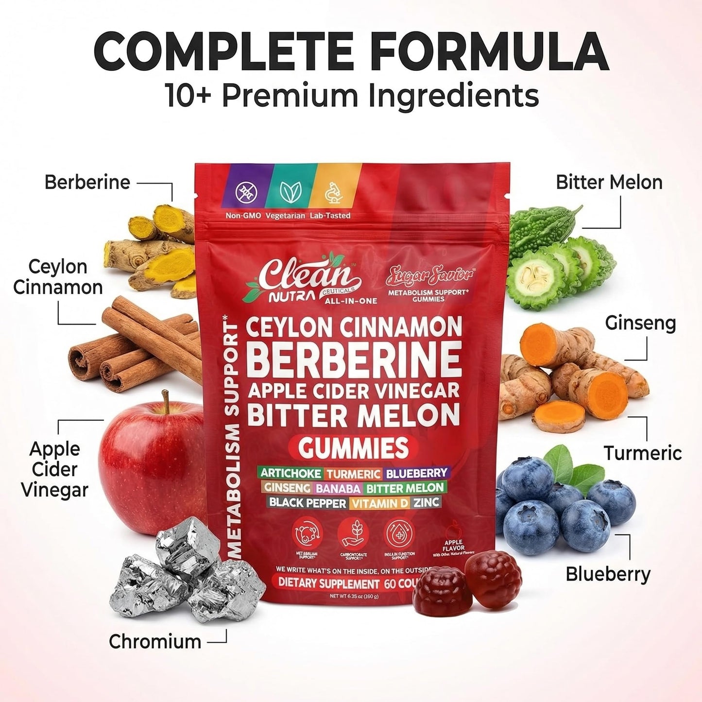 Sugar Savior Ceylon Cinnamon Berberine Gummies Apple Cider Vinegar Artichoke Turmeric Blueberry Ginseng Banaba Bitter Melon Black Pepper Vitamin D Zinc GLP1 Gummies 60 Count by Clean Nutra - dailyvitalstore