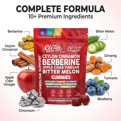 Sugar Savior Ceylon Cinnamon Berberine Gummies Apple Cider Vinegar Artichoke Turmeric Blueberry Ginseng Banaba Bitter Melon Black Pepper Vitamin D Zinc GLP1 Gummies 60 Count by Clean Nutra - dailyvitalstore