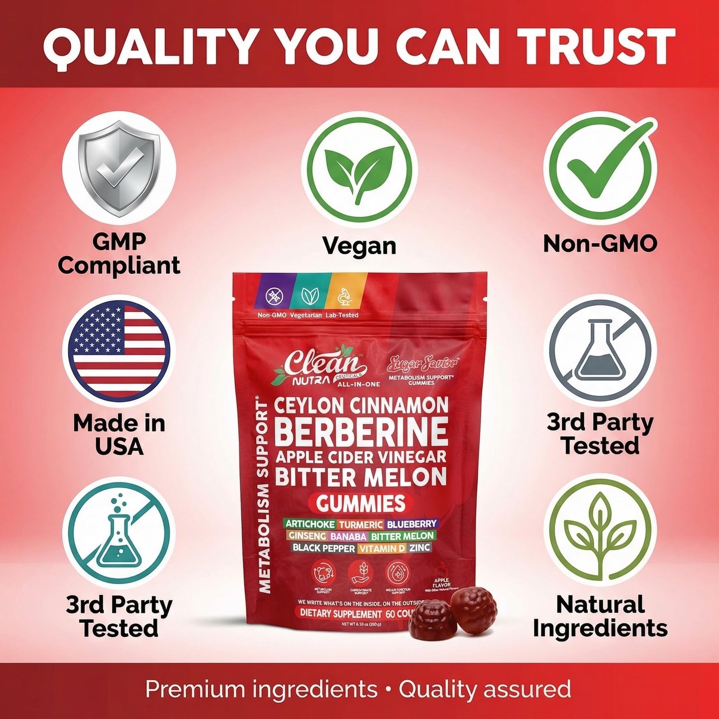Sugar Savior Ceylon Cinnamon Berberine Gummies Apple Cider Vinegar Artichoke Turmeric Blueberry Ginseng Banaba Bitter Melon Black Pepper Vitamin D Zinc GLP1 Gummies 60 Count by Clean Nutra - dailyvitalstore