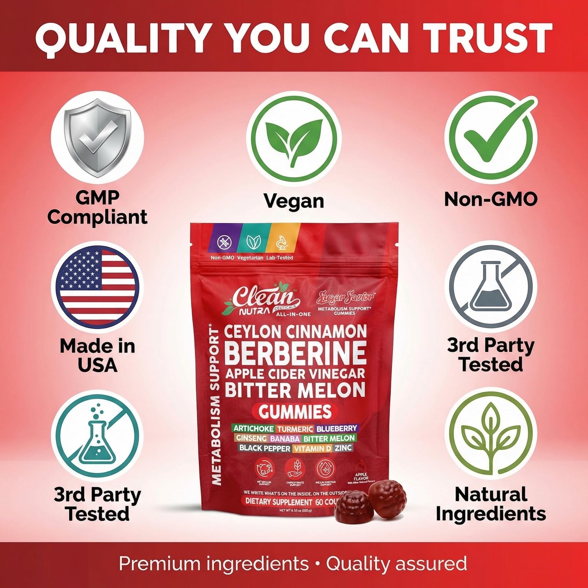 Sugar Savior Ceylon Cinnamon Berberine Gummies Apple Cider Vinegar Artichoke Turmeric Blueberry Ginseng Banaba Bitter Melon Black Pepper Vitamin D Zinc GLP1 Gummies 60 Count by Clean Nutra - dailyvitalstore