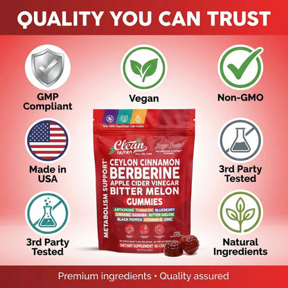 Sugar Savior Ceylon Cinnamon Berberine Gummies Apple Cider Vinegar Artichoke Turmeric Blueberry Ginseng Banaba Bitter Melon Black Pepper Vitamin D Zinc GLP1 Gummies 60 Count by Clean Nutra - dailyvitalstore