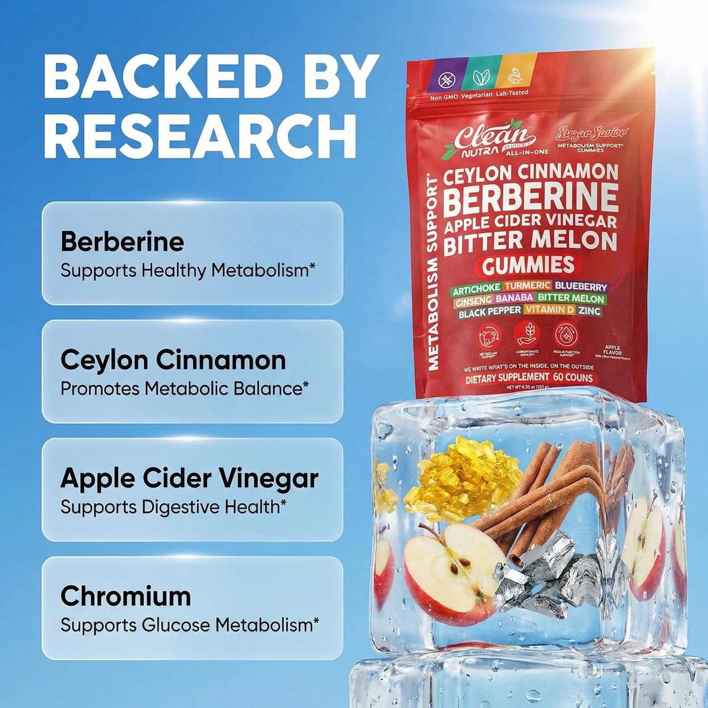 Sugar Savior Ceylon Cinnamon Berberine Gummies Apple Cider Vinegar Artichoke Turmeric Blueberry Ginseng Banaba Bitter Melon Black Pepper Vitamin D Zinc GLP1 Gummies 60 Count by Clean Nutra - dailyvitalstore