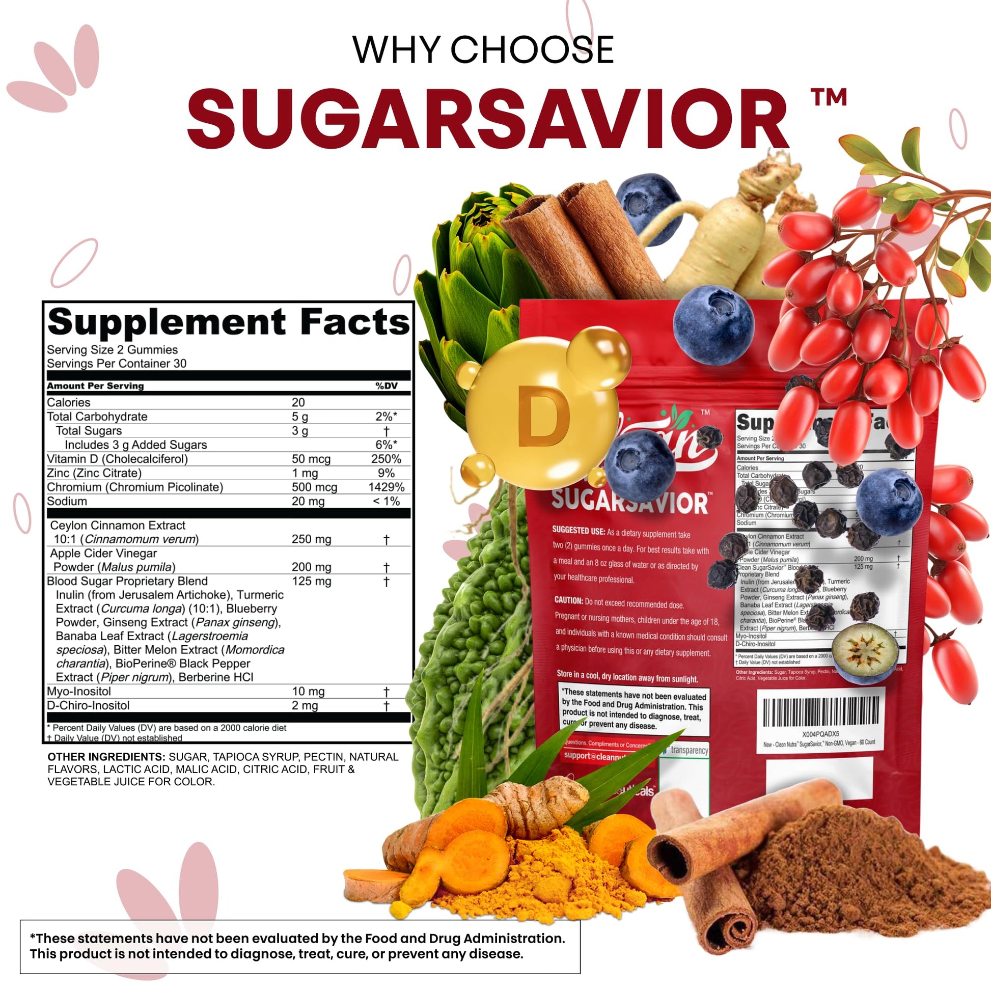 Sugar Savior Ceylon Cinnamon Berberine Gummies Apple Cider Vinegar Artichoke Turmeric Blueberry Ginseng Banaba Bitter Melon Black Pepper Vitamin D Zinc GLP1 Gummies 60 Count by Clean Nutra - dailyvitalstore