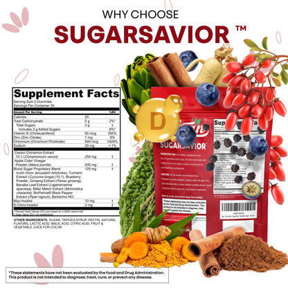 Sugar Savior Ceylon Cinnamon Berberine Gummies Apple Cider Vinegar Artichoke Turmeric Blueberry Ginseng Banaba Bitter Melon Black Pepper Vitamin D Zinc GLP1 Gummies 60 Count by Clean Nutra - dailyvitalstore