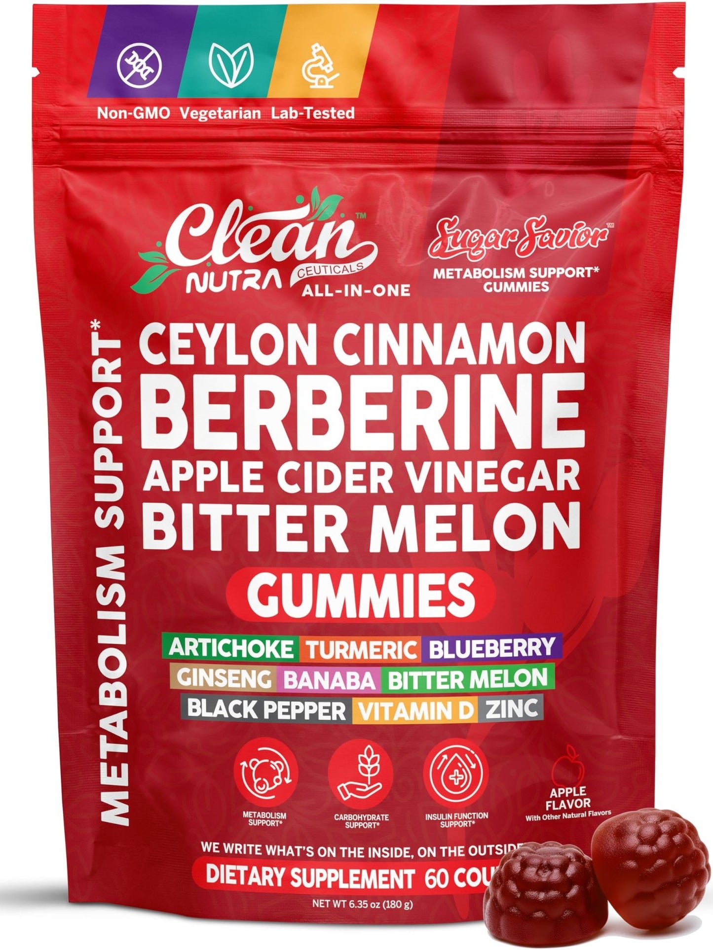 Sugar Savior Ceylon Cinnamon Berberine Gummies Apple Cider Vinegar Artichoke Turmeric Blueberry Ginseng Banaba Bitter Melon Black Pepper Vitamin D Zinc GLP1 Gummies 60 Count by Clean Nutra - dailyvitalstore