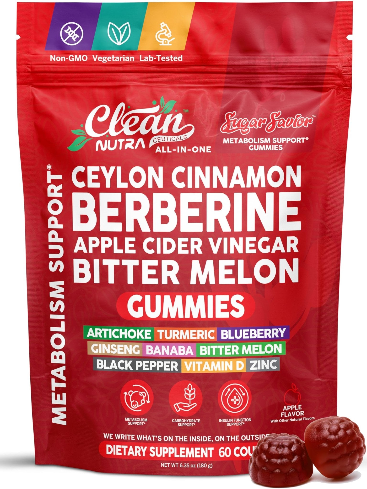 Sugar Savior Ceylon Cinnamon Berberine Gummies Apple Cider Vinegar Artichoke Turmeric Blueberry Ginseng Banaba Bitter Melon Black Pepper Vitamin D Zinc GLP1 Gummies 60 Count by Clean Nutra - dailyvitalstore