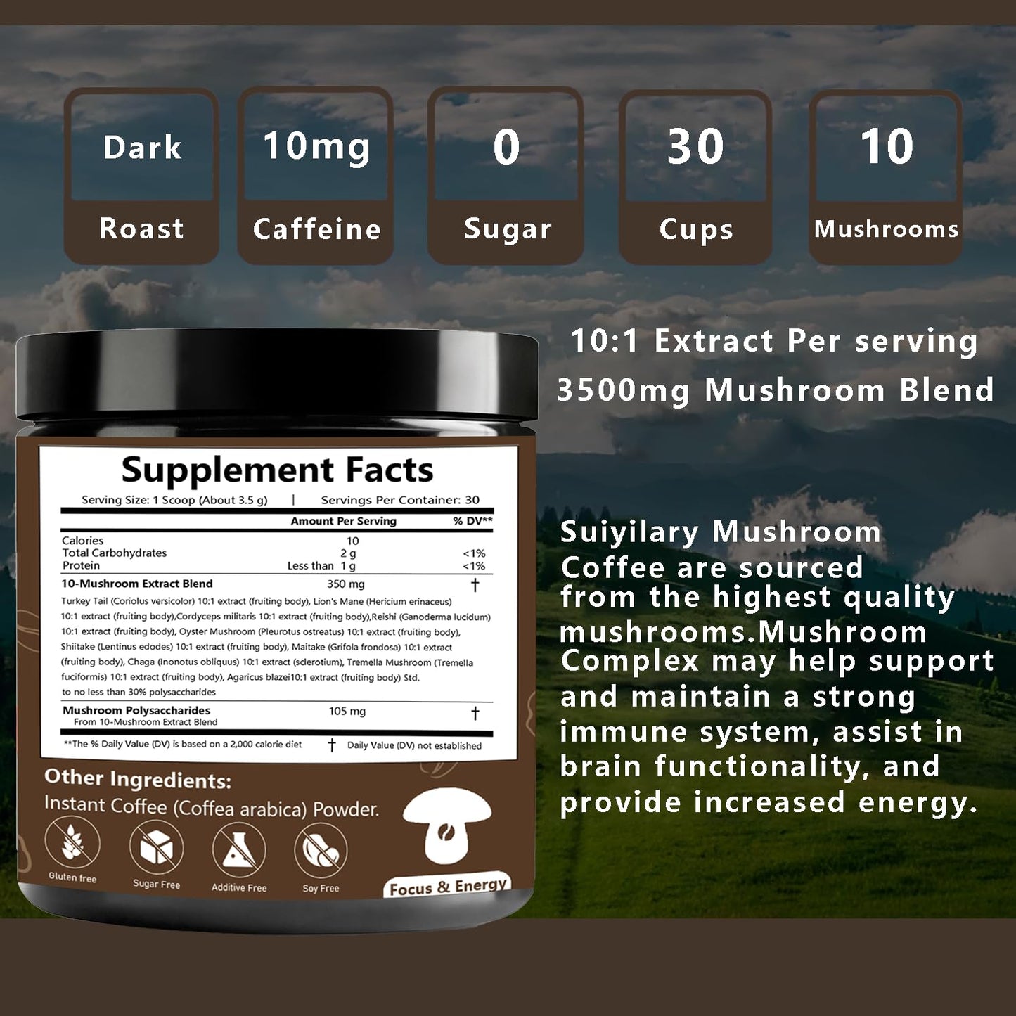 Suiyilary 10 Mushroom Coffee with Arabica w, Lion's Mane, Reishi, Mushroom Polysaccharides & More, Instant Mushrooms Powder for Focus, Immunity Boost, - dailyvitalstore